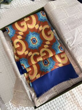 Gucci Multicolor Geometric Silk Scarf with Blue Border